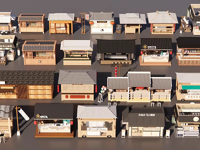 Traditional Japanese Style Miniature Stalls Models with Diverse Roof and Facade Details 3d model