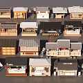 Traditional Japanese Style Miniature Stalls Models with Diverse Roof and Facade Details