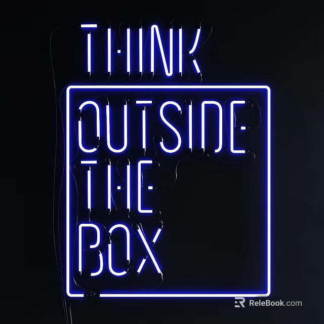 Blue Neon Think Outside The Box Sign Against Black Wall For Modern Decor 3d model 