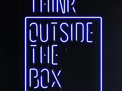 Blue Neon Think Outside The Box Sign Against Black Wall For Modern Decor 3d model