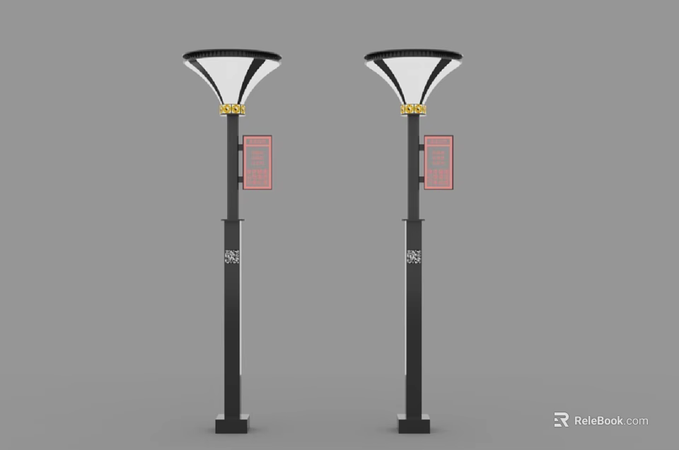 Outdoor Street Lamps With Black Pole White Shade And Pink Display Panel 3d model 