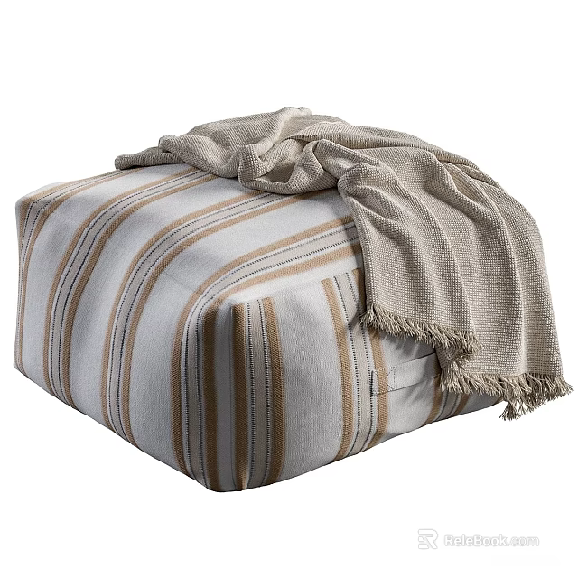 Cozy Striped Sofa Stool with Beige Brown Patterns and Fringed Blanket 3d model 