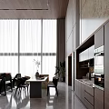 Modern Restaurant Interior With Open Layout Dining Table Chairs And Wooden Cabinets