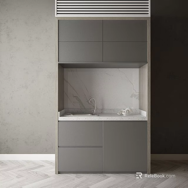 Modern Kitchen With Gray Cabinets Marble Countertop Sink And Faucet Against Gray Dark Walls 3d model 