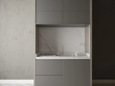 Modern Kitchen With Gray Cabinets Marble Countertop Sink And Faucet Against Gray Dark Walls 3d model
