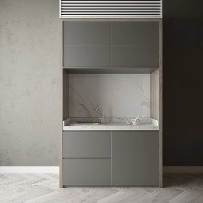 Modern Kitchen With Gray Cabinets Marble Countertop Sink And Faucet Against Gray Dark Walls 3d model