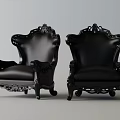 Classic Carved Accent Chairs in Dark Brown and Black Leather with Ornate Armrests and Legs