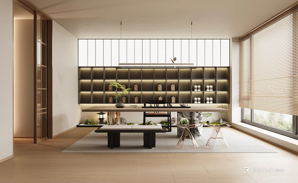 Modern Tea Room Interior Design With Shelves Tea Sets Central Table Chairs And Natural Light 3d model 