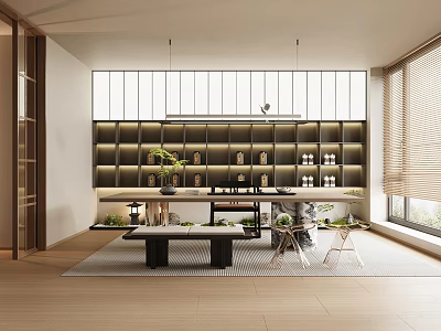 Modern Tea Room Interior Design With Shelves Tea Sets Central Table Chairs And Natural Light 3d model