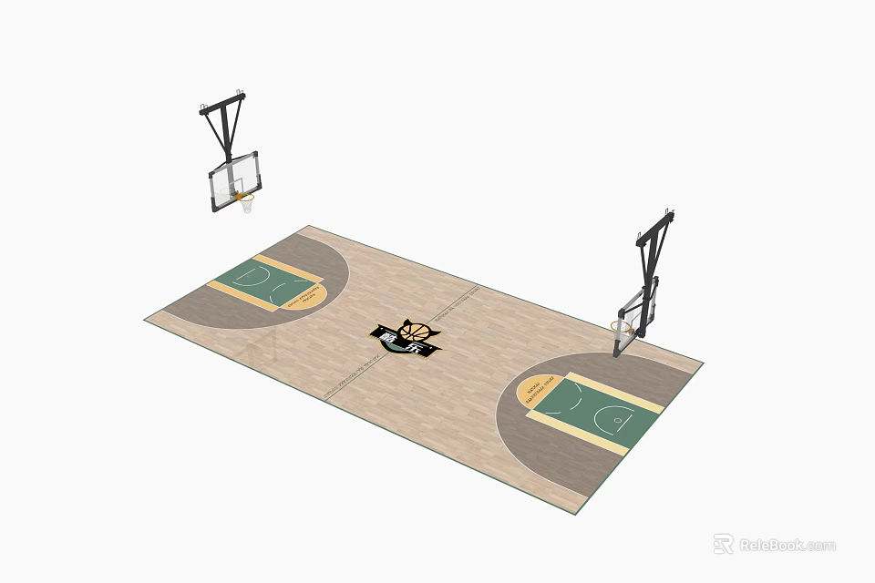Indoor Basketball Court Design With Wooden Floor Double Hoops And Green Painted Areas 3d model 