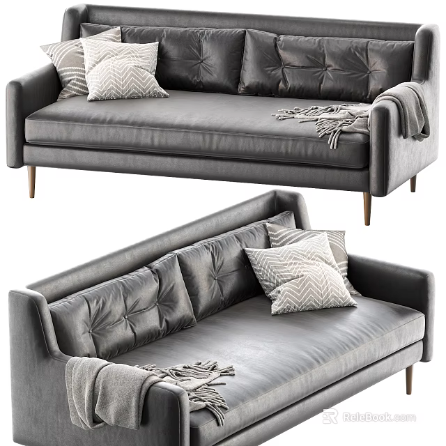 Gray Leather Sofa with Tufted Backrest Patterned Pillows Throw Blanket and Wooden Legs 3d model 