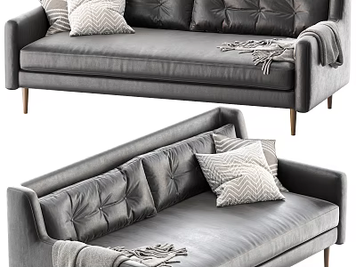 Gray Leather Sofa with Tufted Backrest Patterned Pillows Throw Blanket and Wooden Legs 3d model
