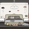 Kids Room Interior Featuring Cloud Star Decor White Pendant Lights Arched Bookshelves And Plush Toys