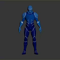 Blue Metallic Humanoid Robot in Standing Pose With White Lines and Gray Background