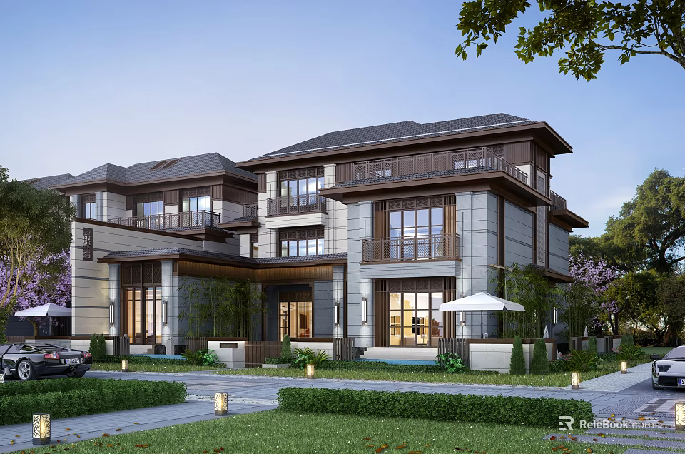 Modern Townhouse Exterior Design With Stone Walls Wooden Accents Balconies And Garden Courtyard 3d model 