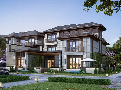 Modern Townhouse Exterior Design With Stone Walls Wooden Accents Balconies And Garden Courtyard 3d model