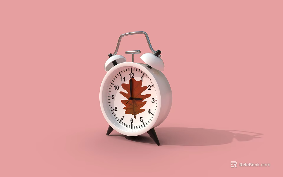 White Alarm Clock With Round Dial Maple Leaf Design On Pink Background 3d model 