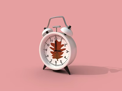 White Alarm Clock With Round Dial Maple Leaf Design On Pink Background 3d model