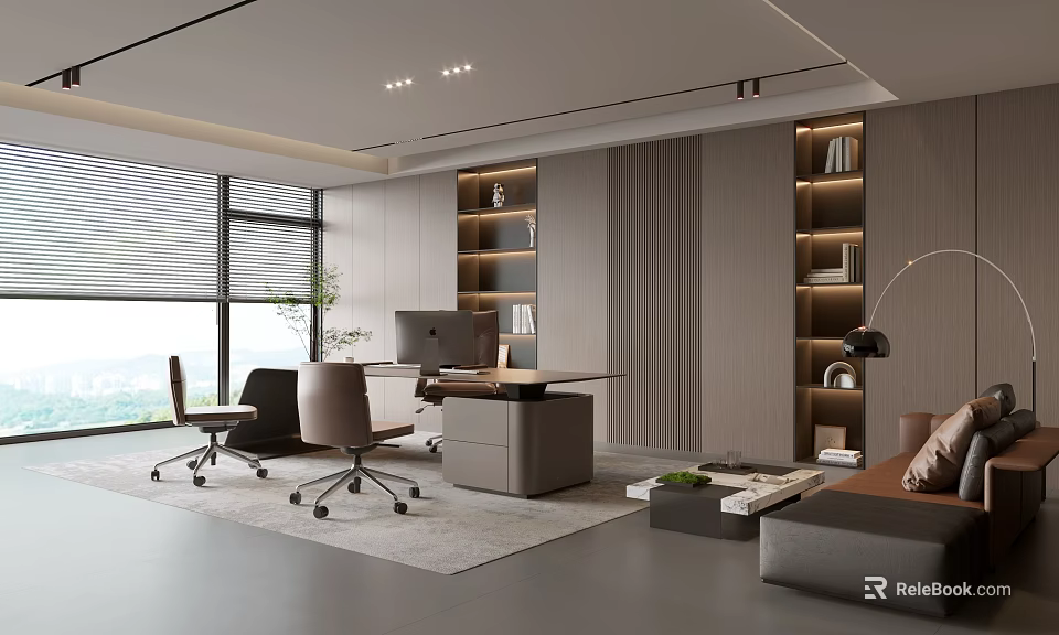 Modern Office Interior Design With Large Windows Desk Chairs Bookshelves And Sofa 3d model 