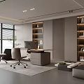 Modern Office Interior Design With Large Windows Desk Chairs Bookshelves And Sofa