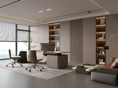 Modern Office Interior Design With Large Windows Desk Chairs Bookshelves And Sofa 3d model