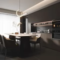 Modern Dining Room Interior With Dark Cabinets Dining Table Chairs Pendant Light And Natural Light