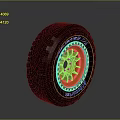 Car Off Road Tire With Dark Red Tread And Orange Riveted Rim Design