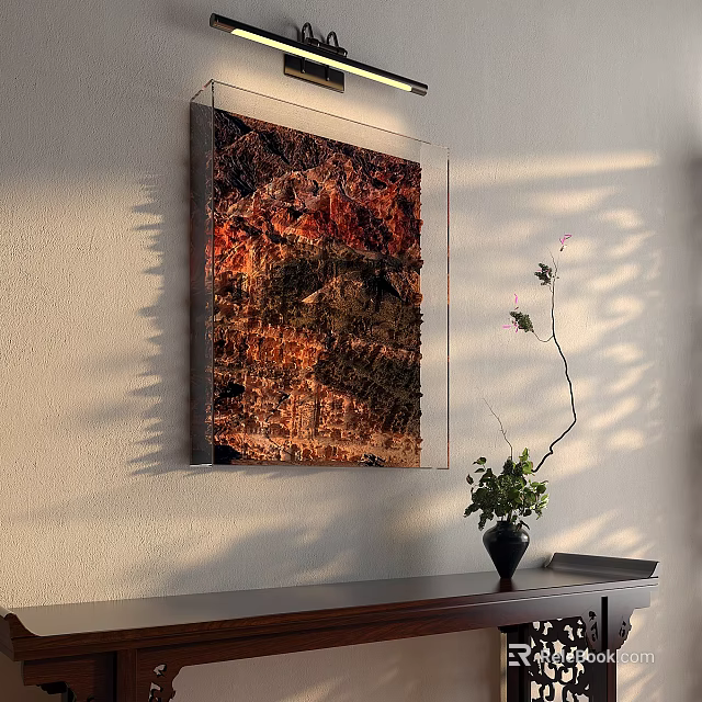 Abstract Painting With Red Brown Black Layered Textures Hanging On White Wall And Black Vase 3d model 