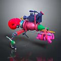 3D Model Sci Fi Weapon with Red Green Pink Components and Metal Barrel Grip 3d model