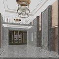 Elevator Corridor With Marble Walls Crystal Chandelier Double Doors And Elegant Lighting Design 3d model