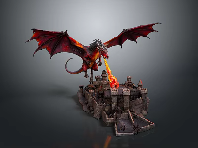 Red Winged Dragon Breathing Fire Over Detailed Medieval Castle Model 3d model