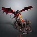 Red Winged Dragon Breathing Fire Over Detailed Medieval Castle Model