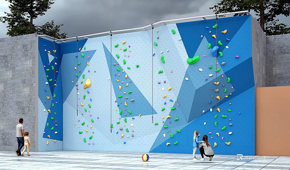 Outdoor Blue Climbing Wall Featuring Colorful Holds And Kids Playing Nearby 3d model 