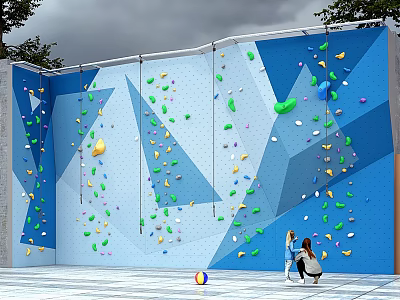 Outdoor Blue Climbing Wall Featuring Colorful Holds And Kids Playing Nearby 3d model