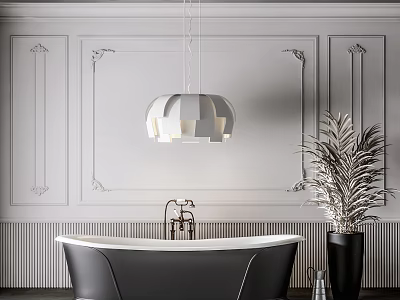 Elegant Modern Bathtub Interior With Decorative Wall Panels Pendant Light And Potted Plant 3d model
