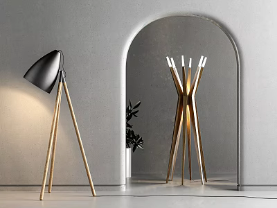 Modern Floor Lamps Black Shade And Multi Light Golden Stand In Arched Doorway Gray Wall 3d model