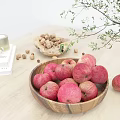 Beautiful Ceramic Bowl With Fresh Red Apples Walnuts Green Leaves And Candle On Wooden Table