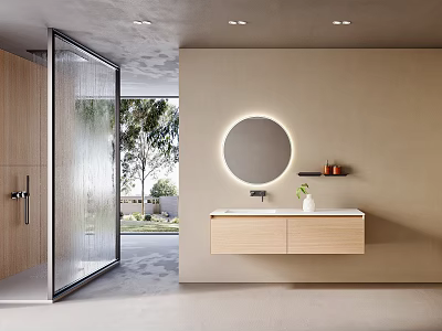 Modern Bathroom Vanity Cabinet With Round Illuminated Mirror Light Beige Wall And Glass Shower Enclosure 3d model