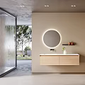 Modern Bathroom Vanity Cabinet With Round Illuminated Mirror Light Beige Wall And Glass Shower Enclosure