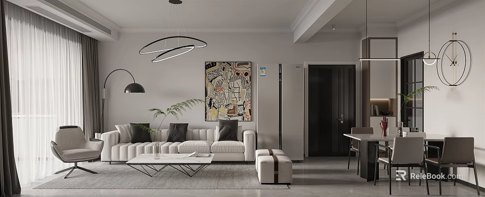 Modern Living Dining Room Interior With White Sofa Coffee Table Pendant Light And Artwork 3d model 