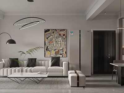 Modern Living Dining Room Interior With White Sofa Coffee Table Pendant Light And Artwork 3d model