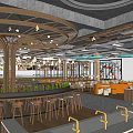 Contemporary Indoor Public Space With Circular Ceiling Ring Lights Wooden Flooring And Green Plants