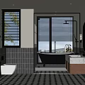 Modern Bathroom Interior Design With Black And White Tiled Floor Marble Vanity And Bathtub