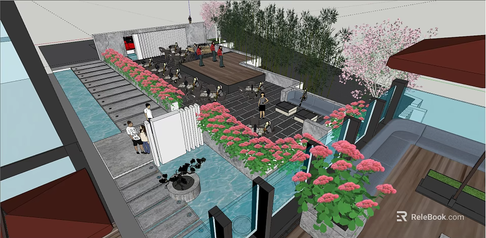 Beautiful Outdoor Water Fountain Surrounded By Pink Flowers Green Plants And Pathways 3d model 
