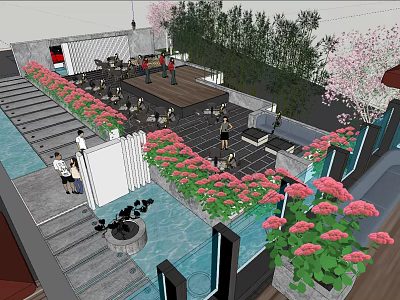 Beautiful Outdoor Water Fountain Surrounded By Pink Flowers Green Plants And Pathways 3d model