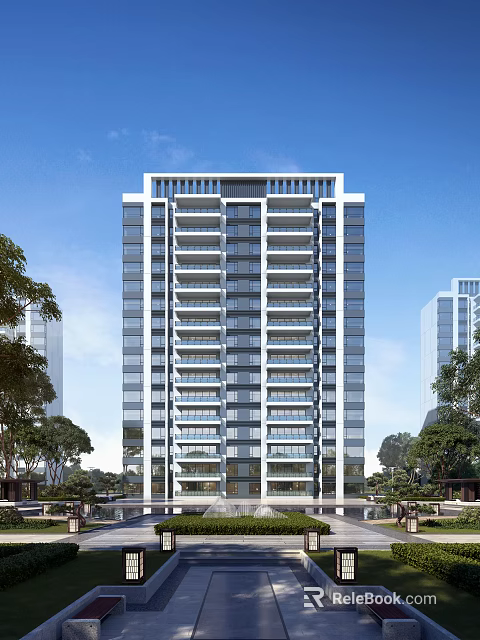 Modern High Rise Residential Building With Glass Facade And Green Surroundings 3d model 