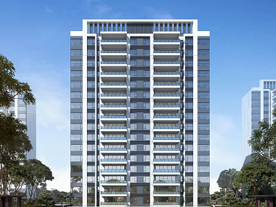 Modern High Rise Residential Building With Glass Facade And Green Surroundings 3d model