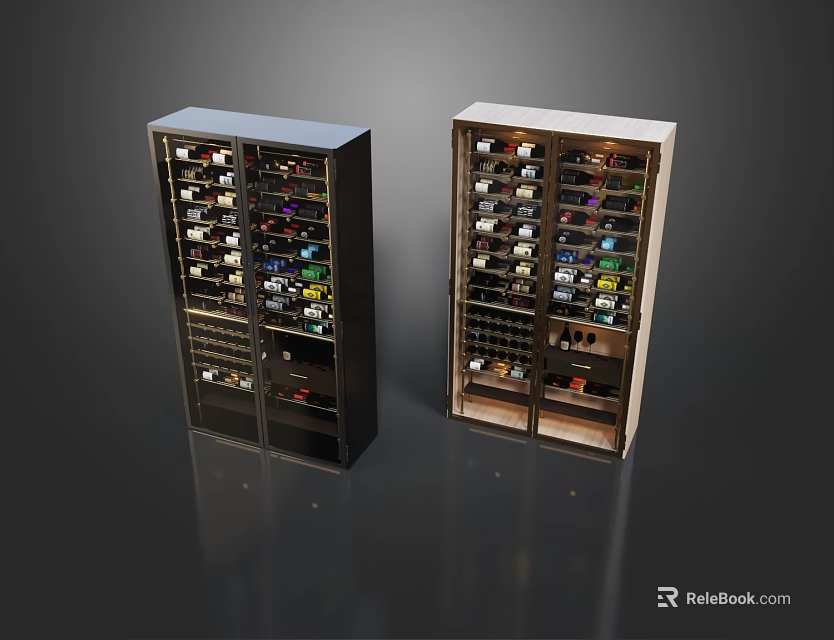 Modern Double Wine Cabinets With Glass Doors And Wooden Finish For Wine Storage 3d model 