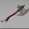 Ornate Decorative Axe With Red Wrapped Handle And Intricate Metal Carvings