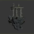 Detailed Ancient Architectural Sculpture on Floating Rock with Columns and Broken Ruins
